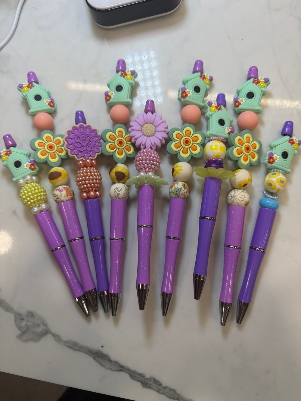 Hand Crafted Purple Floral Bead Pen Set with Mint Birdhouse Accents